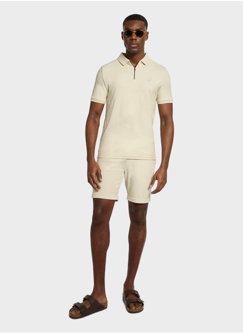 Men's Beige Short Sleeve Zip Polo Shirt, Stylish Lightweight Knit for Sophisticated Summer Style
