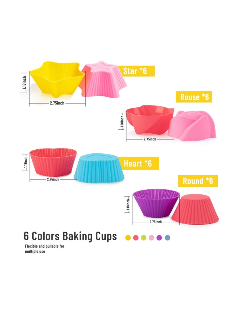 LetGoShop Silicone Cupcake Liners Reusable Baking Cups Nonstick Easy Clean Pastry Muffin Molds 4 Shapes Round, Stars, Heart, Flowers, 24 Pieces Colorful