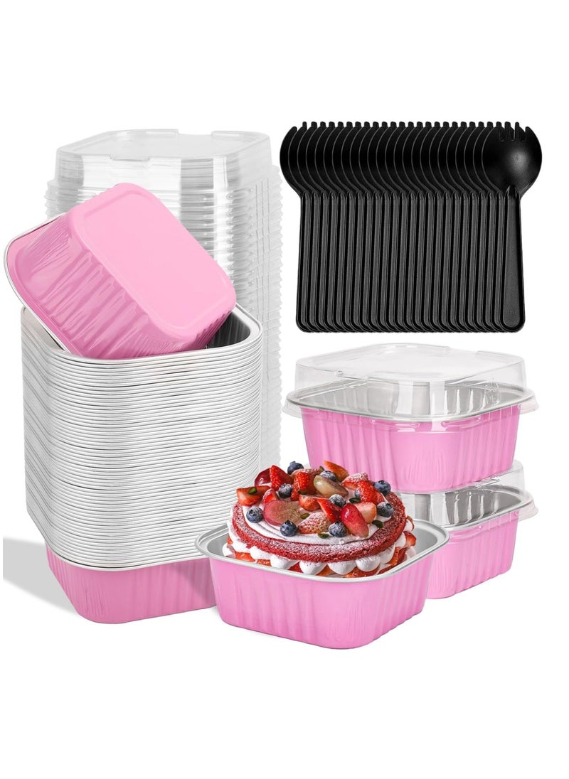 60 Pack 10oz Mini Disposable Cake Pans with Lids, Aluminum Foil Square Baking Cups, 4.4x4.4 Large Baking Cake Tins Cup Cake Containers with Lids for Individual Cakes