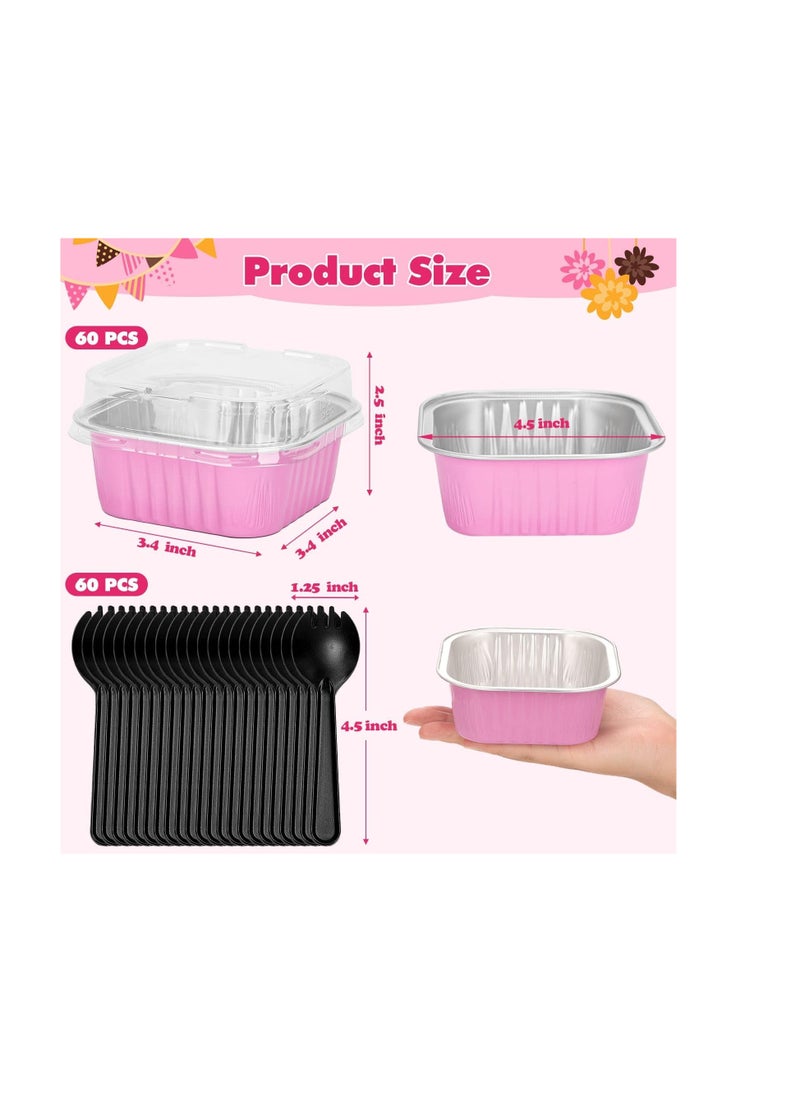 60 Pack 10oz Mini Disposable Cake Pans with Lids, Aluminum Foil Square Baking Cups, 4.4x4.4 Large Baking Cake Tins Cup Cake Containers with Lids for Individual Cakes