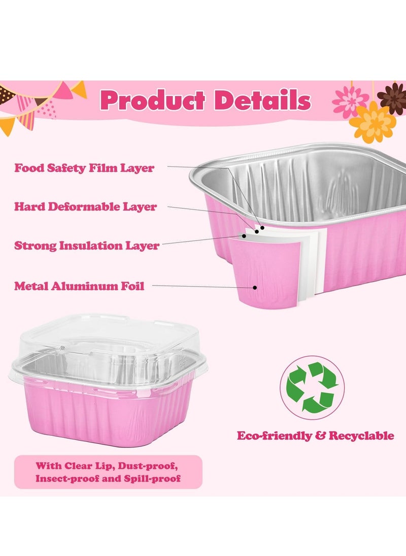 60 Pack 10oz Mini Disposable Cake Pans with Lids, Aluminum Foil Square Baking Cups, 4.4x4.4 Large Baking Cake Tins Cup Cake Containers with Lids for Individual Cakes