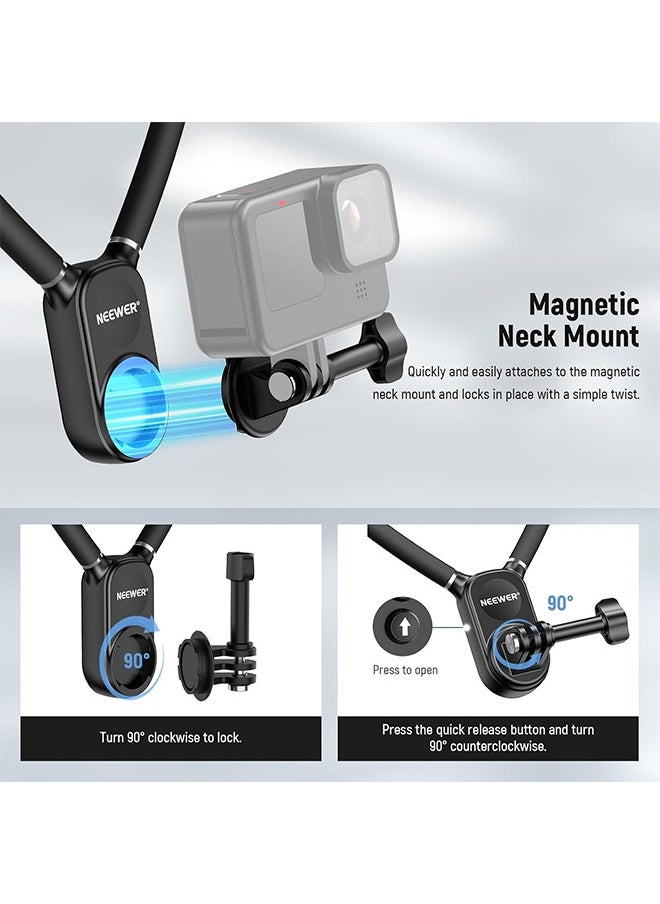 NEEWER Action Camera Neck Mount, Quick Release Magnetic Holder with Phone Clip Compatible with GoPro Hero 13 12 11 10 MAX DJI Action 4 Insta360 iPhone Samsung for POV Vlog, GP15