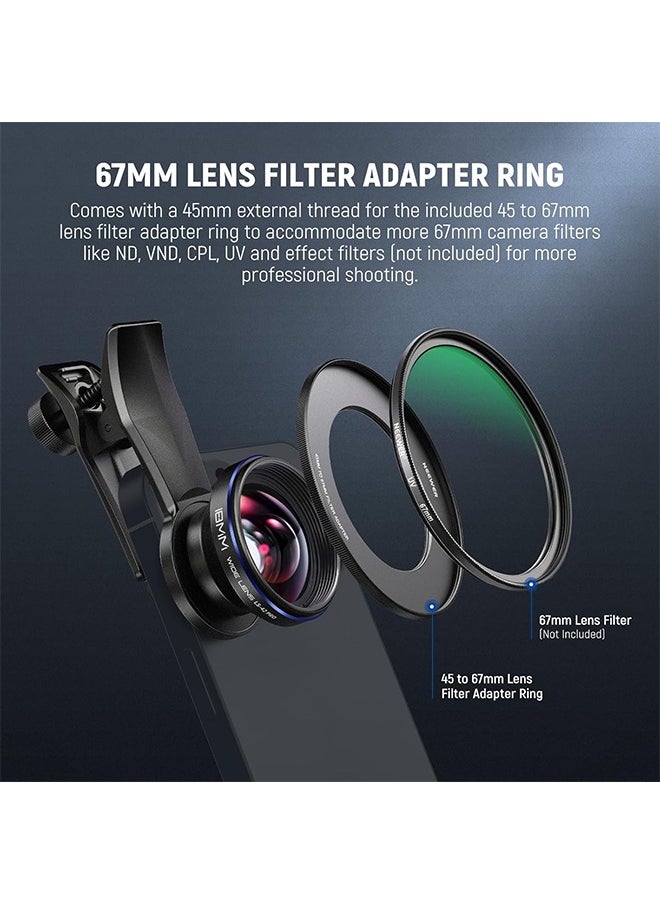 NEEWER 18mm 100° Wide Angle Lens 0.5X Magnification with 17mm Thread Phone Lens Clip & 67mm Filter Adapter Ring, Also for Phone Cage/Phone Case/Phone Clamp/Backplate, LS-42 PRO