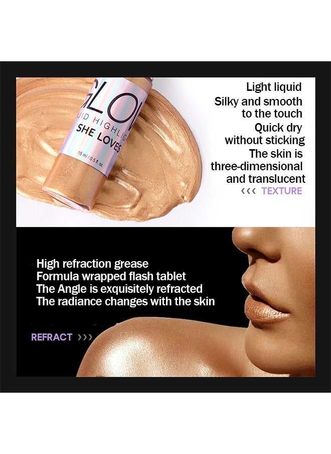 Crystal Liquid Highlight Glow，Liquid Highlighter Makeup，Face Highlighter Bronzer Makeup Stick, Natural Glossy Finish, Lightweight Blendable Silky Smooth Cream Face Illuminator, Perfectly Blends Into Foundation (#03Rose Gold)