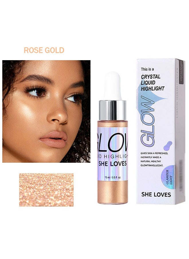 Crystal Liquid Highlight Glow，Liquid Highlighter Makeup，Face Highlighter Bronzer Makeup Stick, Natural Glossy Finish, Lightweight Blendable Silky Smooth Cream Face Illuminator, Perfectly Blends Into Foundation (#03Rose Gold)