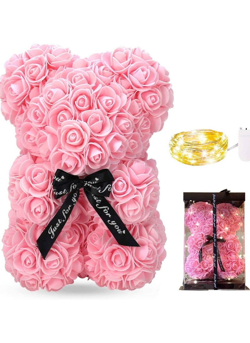 Rose Bear Gift Rose Teddy Bear With Light On Every Rose Bear Flower Bear Perfect for Anniversaries Clear Gift Box Included Pink 10Inch Height