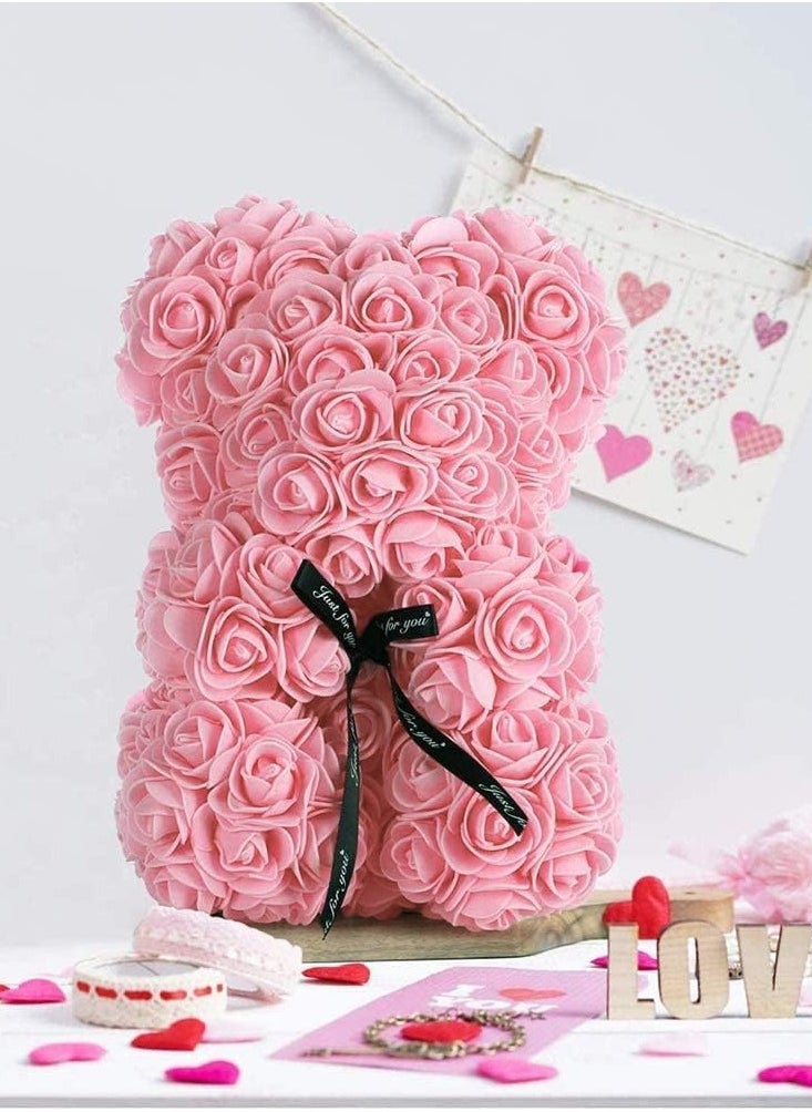 Gifts for Women – Rose Flower Bear - Rose Bear ,Pure Handmade Rose Teddy Bear ,Gift for Mothers Day, Valentines Day, Anniversary and Bridal Showers, with Clear Gift Box (Pink With Light)