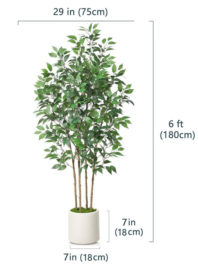 Ficus Artificial Tree 180CM with White Planter, Indoor Faux Silk Plant with Green Moss for Home Office Corner Decor, Set of 1