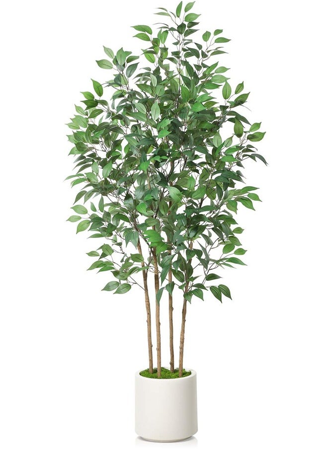 Ficus Artificial Tree 180CM with White Planter, Indoor Faux Silk Plant with Green Moss for Home Office Corner Decor, Set of 1