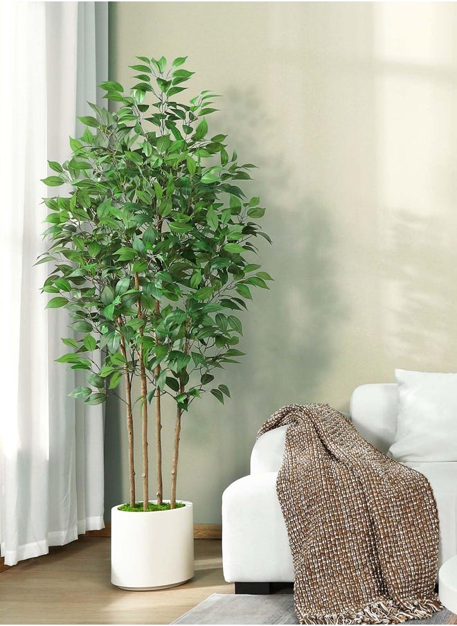 Ficus Artificial Tree 180CM with White Planter, Indoor Faux Silk Plant with Green Moss for Home Office Corner Decor, Set of 1