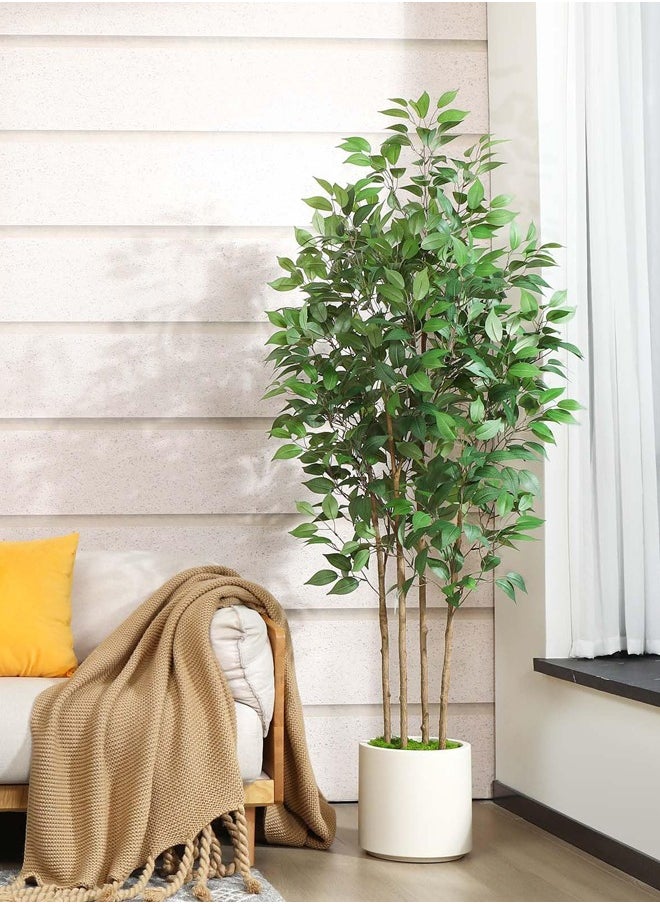 Ficus Artificial Tree 180CM with White Planter, Indoor Faux Silk Plant with Green Moss for Home Office Corner Decor, Set of 1