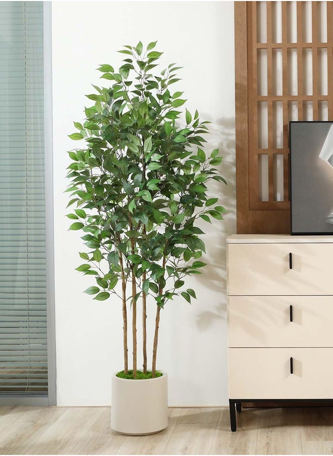 Ficus Artificial Tree 180CM with White Planter, Indoor Faux Silk Plant with Green Moss for Home Office Corner Decor, Set of 1