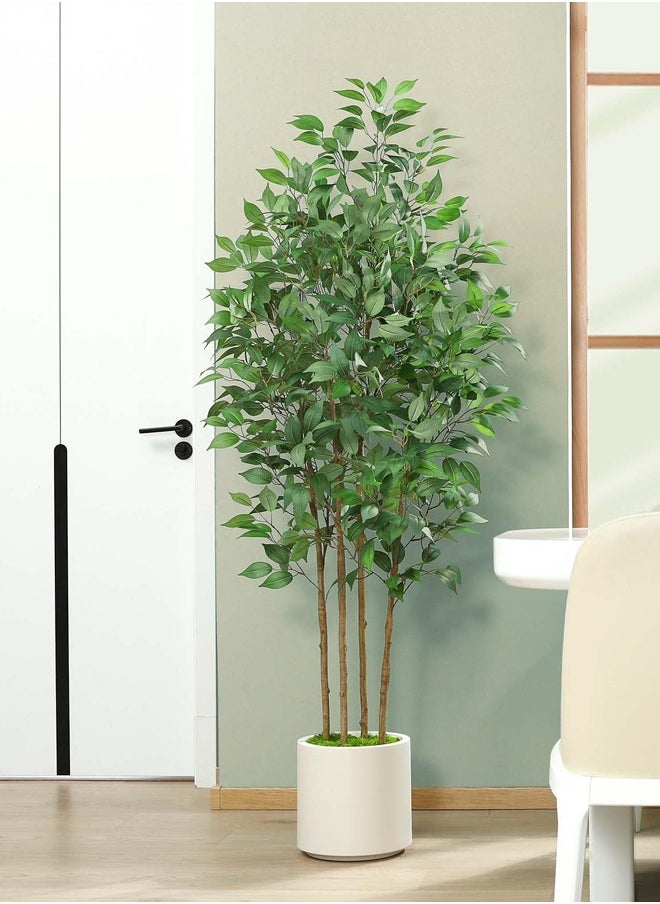 Ficus Artificial Tree 180CM with White Planter, Indoor Faux Silk Plant with Green Moss for Home Office Corner Decor, Set of 1