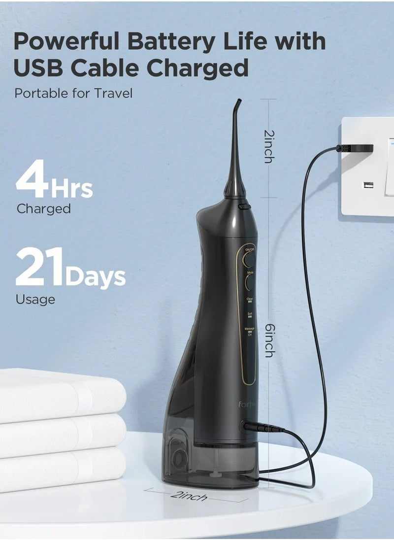 Dental Water Flosser Cordless 300ml Portable Oral Irrigator with 7 Nozzles - Black