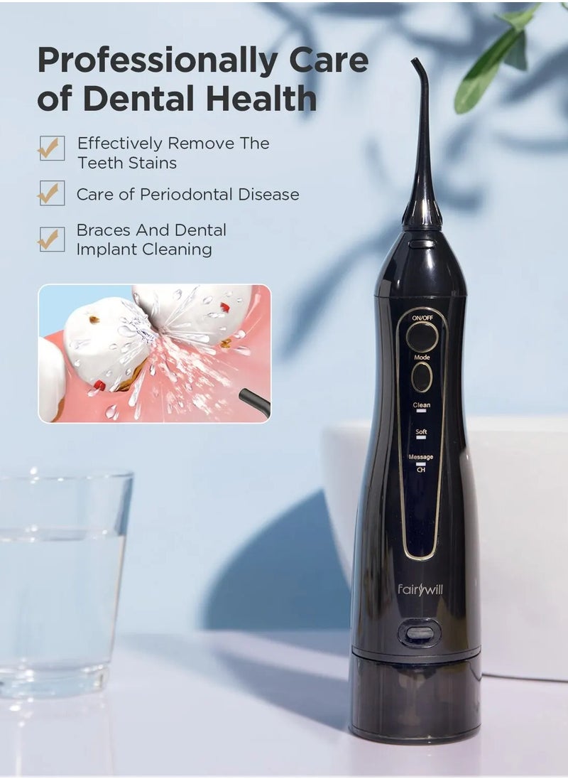 Dental Water Flosser Cordless 300ml Portable Oral Irrigator with 7 Nozzles - Black