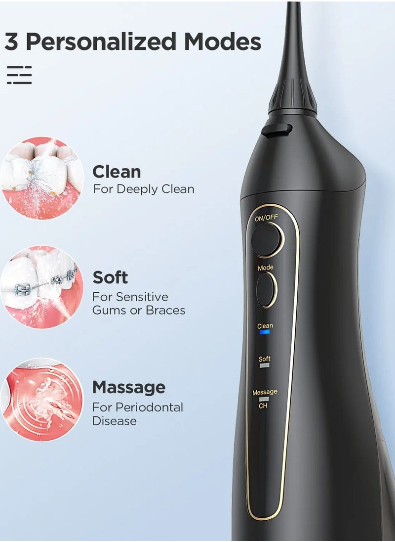 Dental Water Flosser Cordless 300ml Portable Oral Irrigator with 7 Nozzles - Black