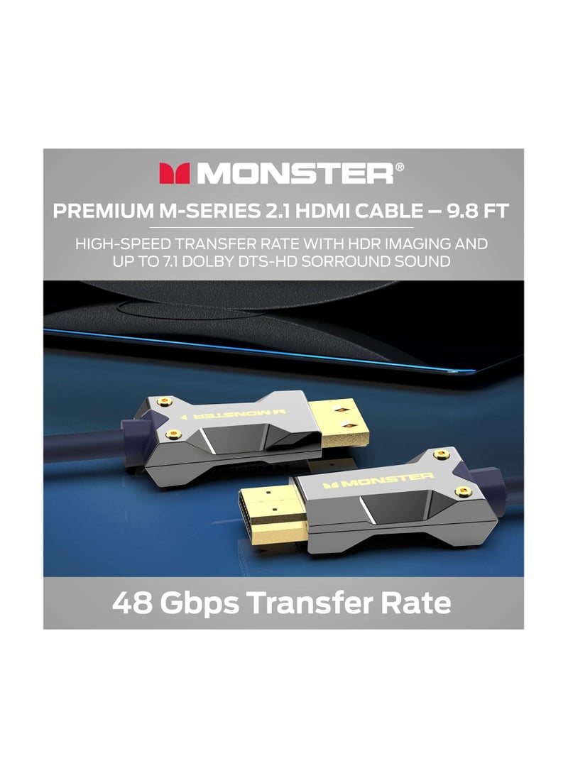 Monster M-Series 3000 Certified Premium HDMI 2.1, 48Gbps, 8K Ready, Zinc Alloy Connector, Vgrip, Pure Copper, Braided Jacket