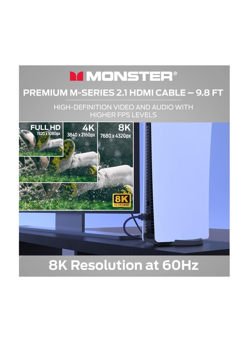 Monster M-Series 3000 Certified Premium HDMI 2.1, 48Gbps, 8K Ready, Zinc Alloy Connector, Vgrip, Pure Copper, Braided Jacket