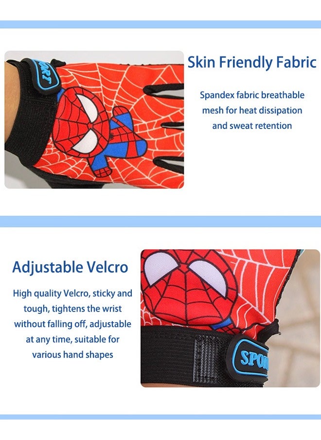 Kids Fingerless Bike Gloves, Spider Superhero Sport Gloves for Children, Non-Slip Shock Absorbing Gloves for 5-9 Years Old Children Cycling Riding Outdoor Sports