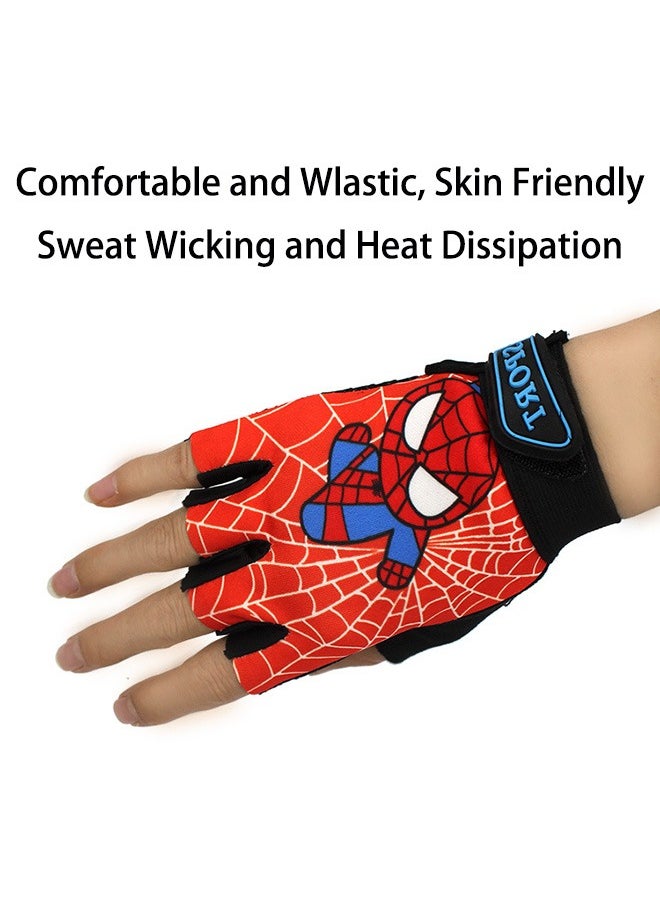 Kids Fingerless Bike Gloves, Spider Superhero Sport Gloves for Children, Non-Slip Shock Absorbing Gloves for 5-9 Years Old Children Cycling Riding Outdoor Sports