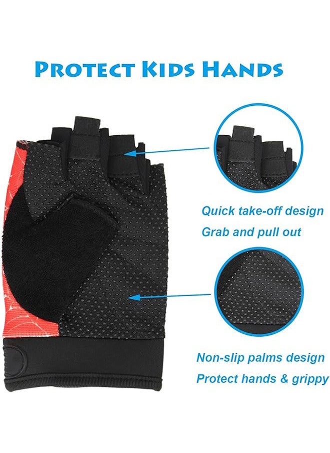 Kids Fingerless Bike Gloves, Spider Superhero Sport Gloves for Children, Non-Slip Shock Absorbing Gloves for 5-9 Years Old Children Cycling Riding Outdoor Sports