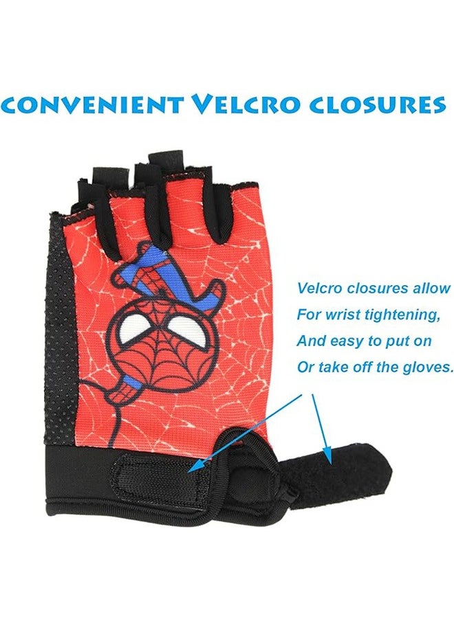 Kids Fingerless Bike Gloves, Spider Superhero Sport Gloves for Children, Non-Slip Shock Absorbing Gloves for 5-9 Years Old Children Cycling Riding Outdoor Sports