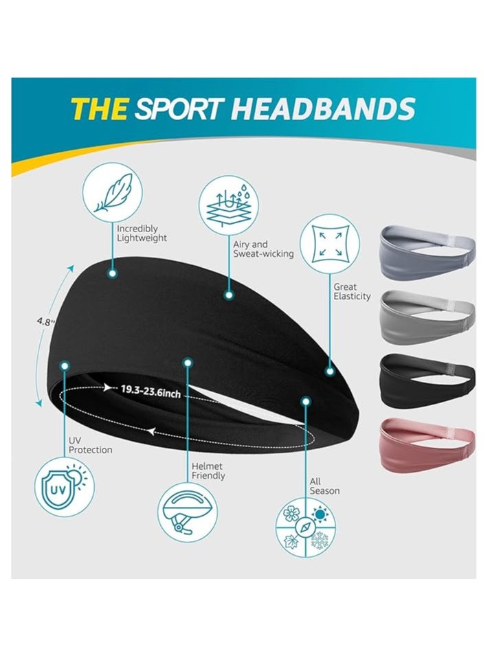 Sports Headbands for Men (4 Pack) – Moisture-Wicking Workout Headbands, Sweatbands for Running, Cycling, Football, Yoga, and Unisex Hairbands.