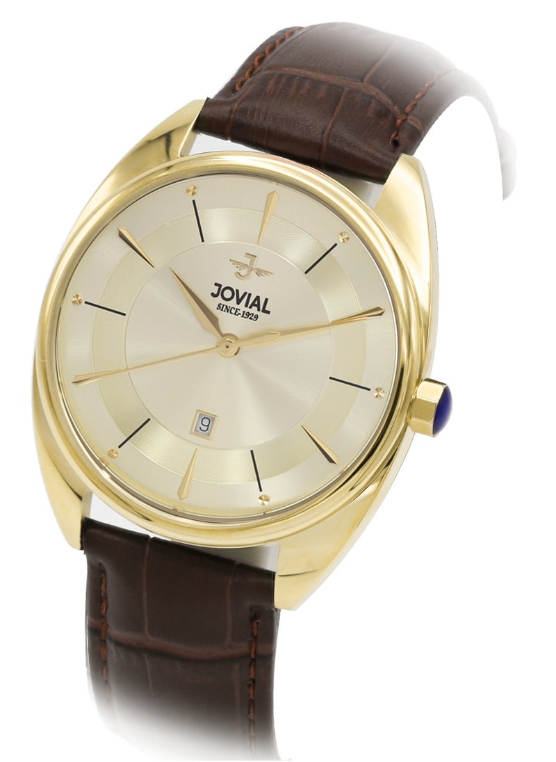 JOVIAL 5221GGLQ27E Men's Fashion Leather Strap Watch,42mm,Gold Dial