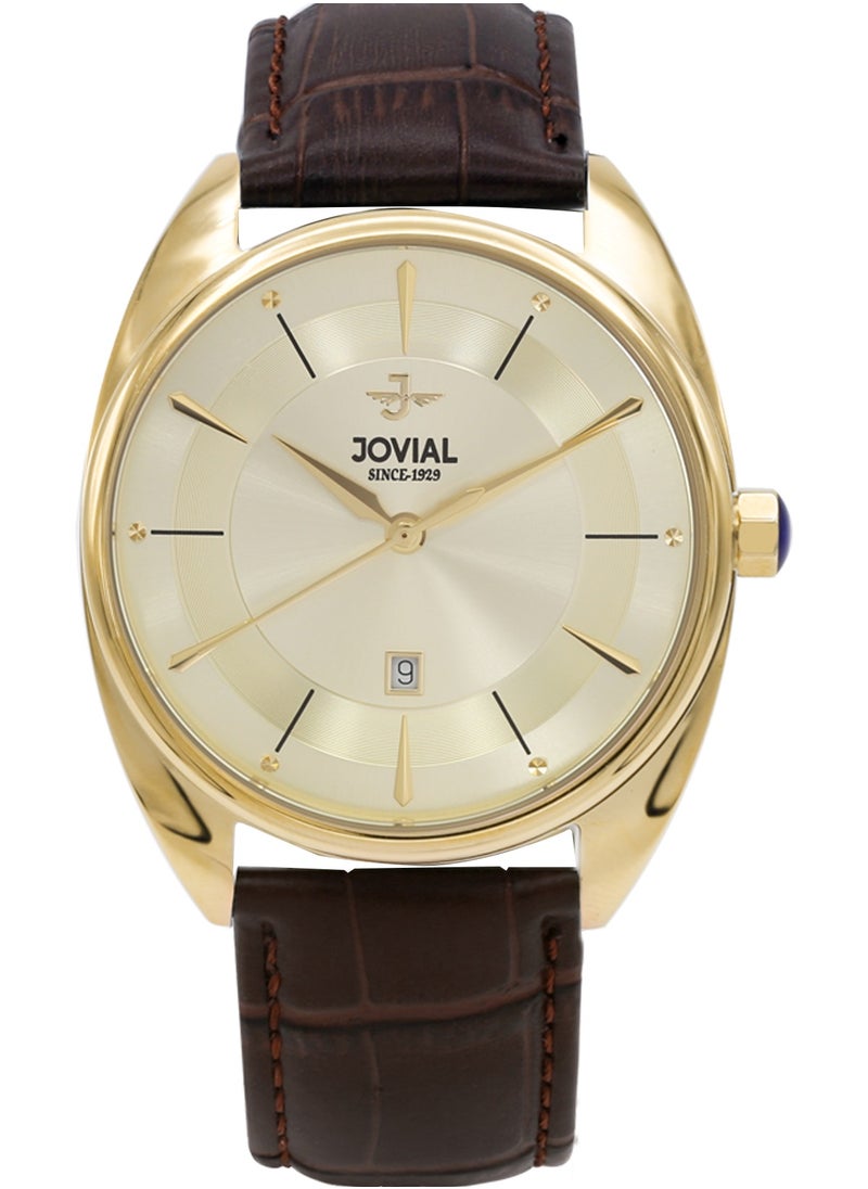 JOVIAL 5221GGLQ27E Men's Fashion Leather Strap Watch,42mm,Gold Dial