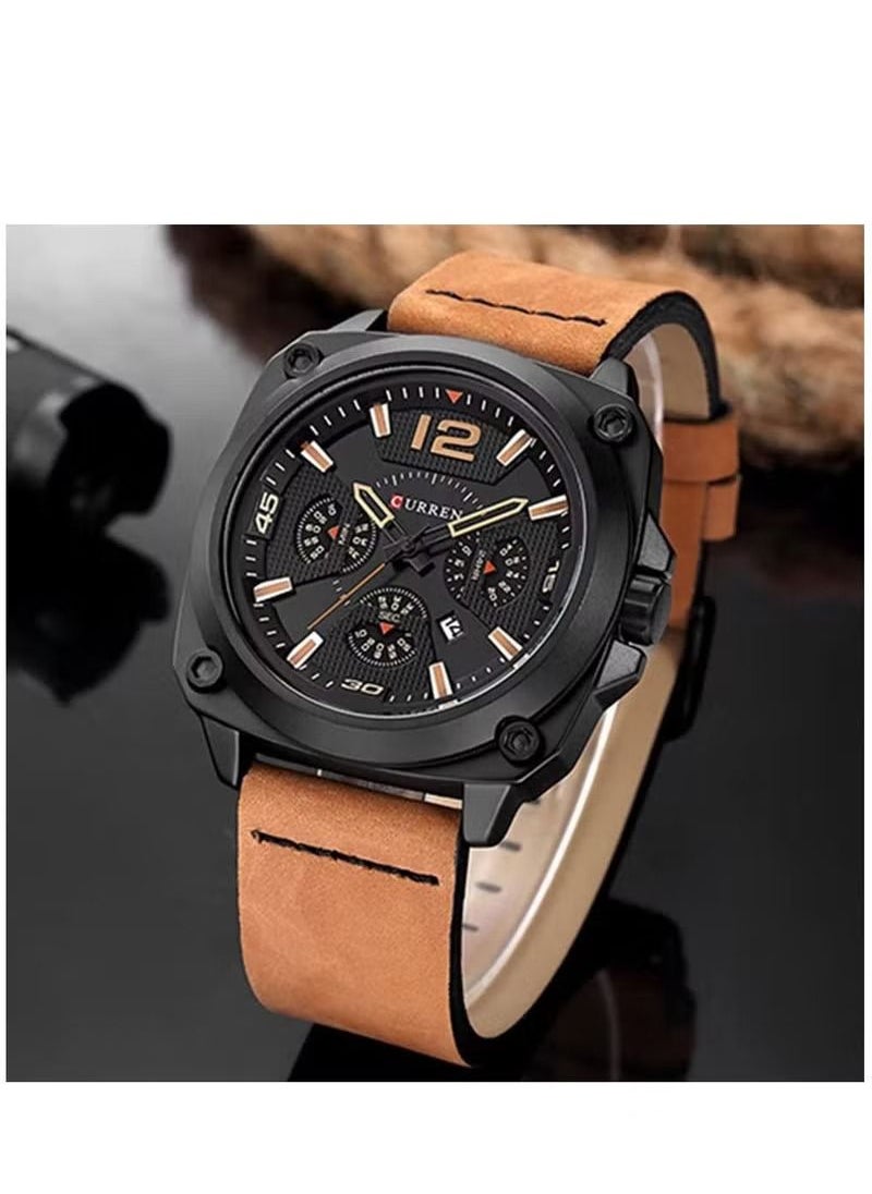 Curren 8260 Sports Leather Strap Analog Watch Alloy Case Quartz Watch For Men - Brown