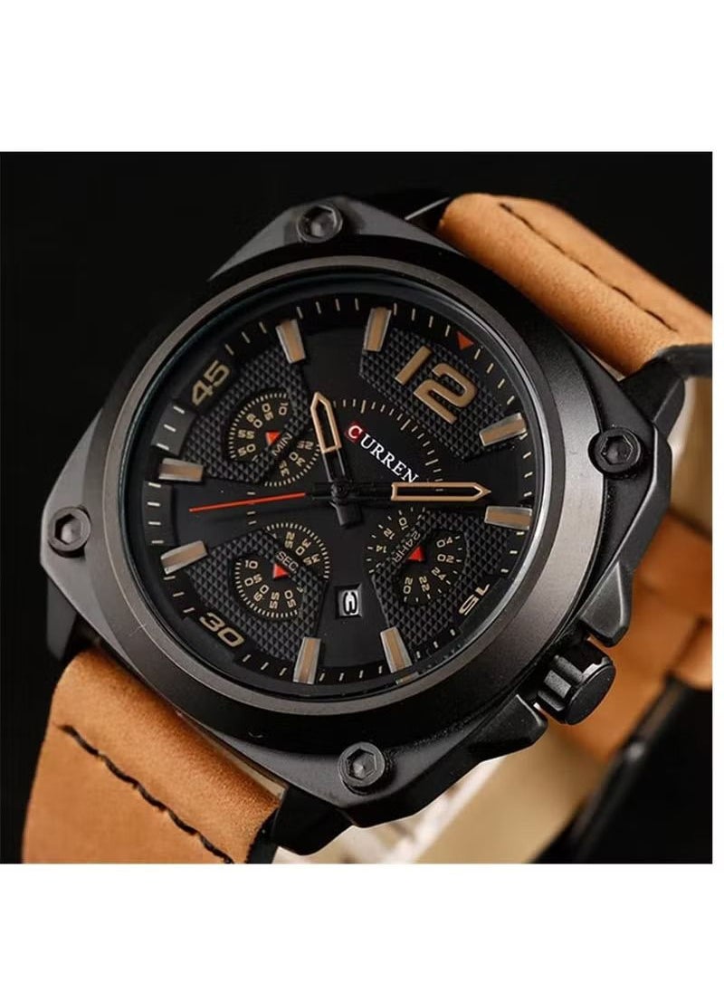 Curren 8260 Sports Leather Strap Analog Watch Alloy Case Quartz Watch For Men - Brown