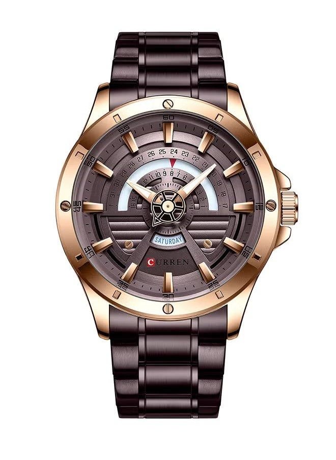 Men's 8381 Waterproof Stainless Steel BAnd Day-Date Quartz Watch - 46 mm - Brown