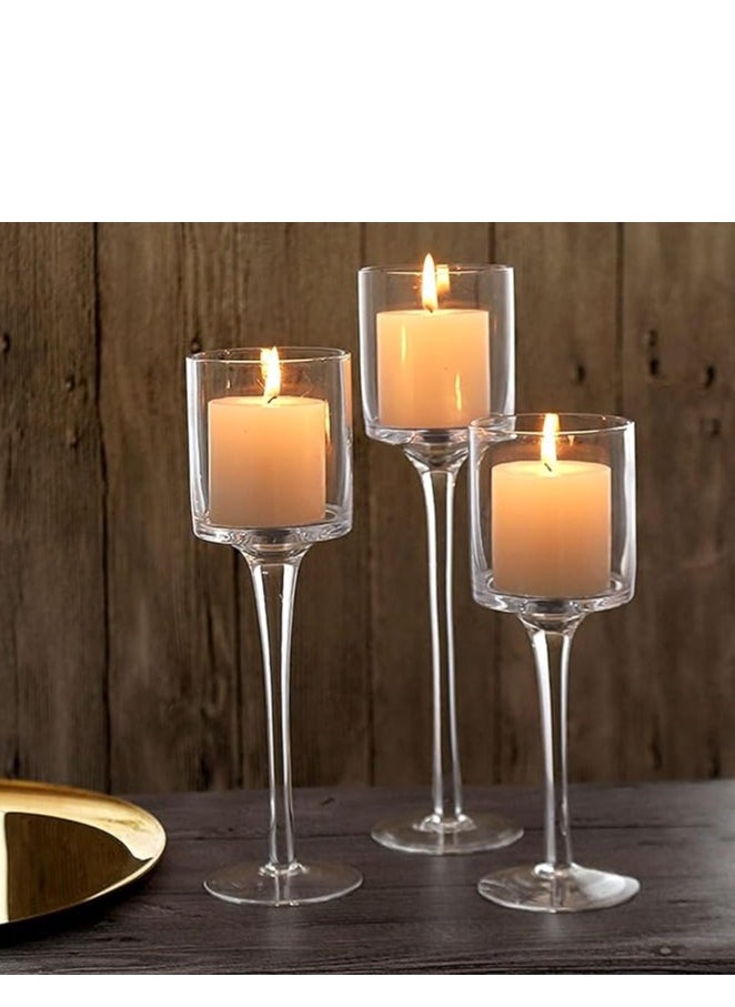 Set of 3 Elegant Glass Candleholders – Tall Hurricane Tea Light Holders for Weddings, Parties, Home Décor, Decorative Candle Stands for Living Room, Dining Table, and Special Occasions, Stylish Centerpieces for Table Decoration