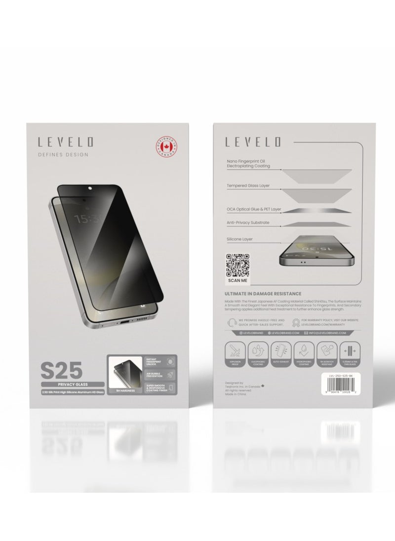 S25 Screen Protector / 2.5D Silk Print High Silicone Aluminum/Privacy Screen / Oleophobic and Hydrophobic Coating / Instant Fingerprint Unlock / Air Bubble Prevention / Super Smooth & Responsive Coating Finish - Black