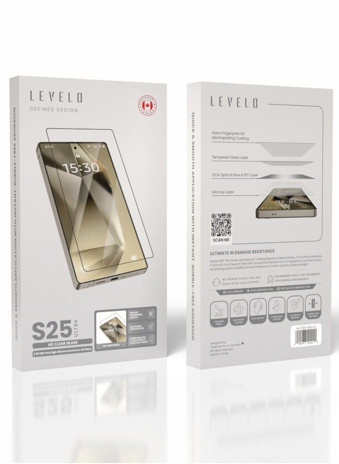 S25 Ultra Screen Protector / 2.5D Silk Print High Silicon Aluminum Glass AR / Oleophobic and Hydrophobic Coating / Instant Fingerprint Unlock / Air Bubble Prevention / Super Smooth & Responsive Coating Finish - Clear