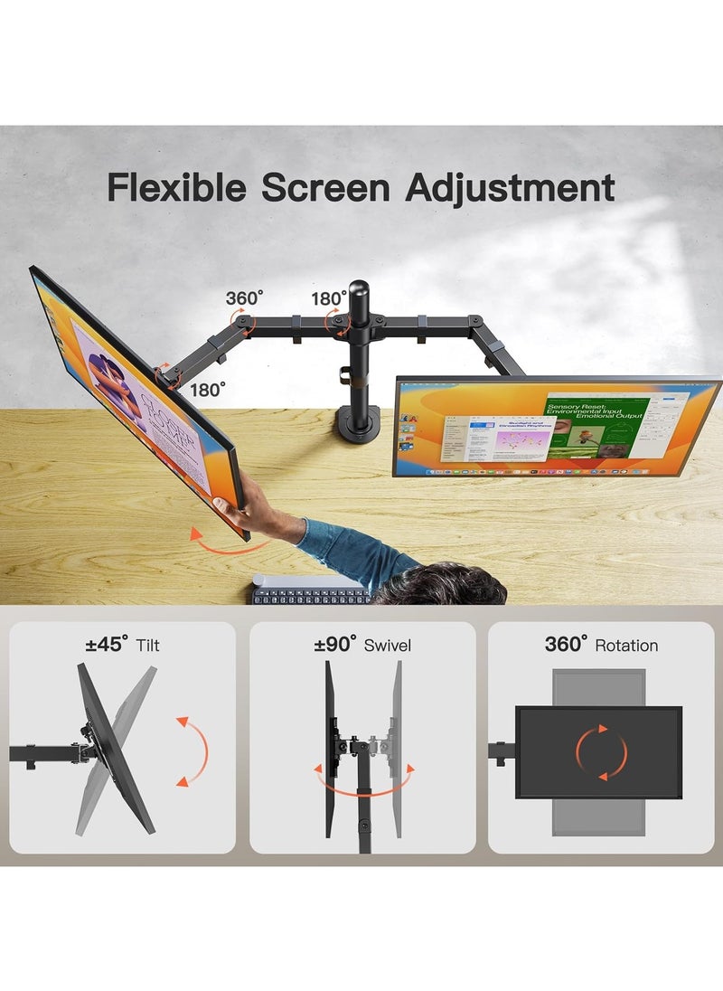 Dual Monitor Desk Mount for 13″–34″ Monitors up to 26.5 lbs, Fully Adjustable Monitor Stand Holds 2 Computer Screens, Heavy-Duty Dual Monitor Arm with C-Clamp & Grommet Base, Black,