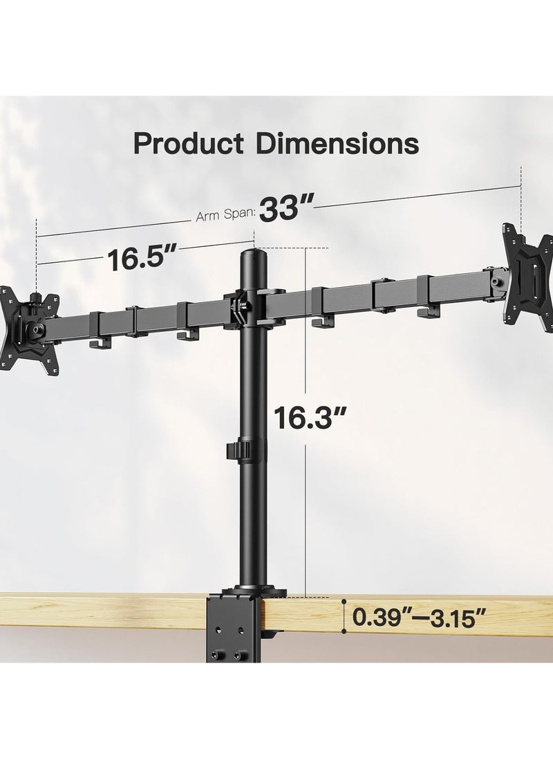 Dual Monitor Desk Mount for 13″–34″ Monitors up to 26.5 lbs, Fully Adjustable Monitor Stand Holds 2 Computer Screens, Heavy-Duty Dual Monitor Arm with C-Clamp & Grommet Base, Black,