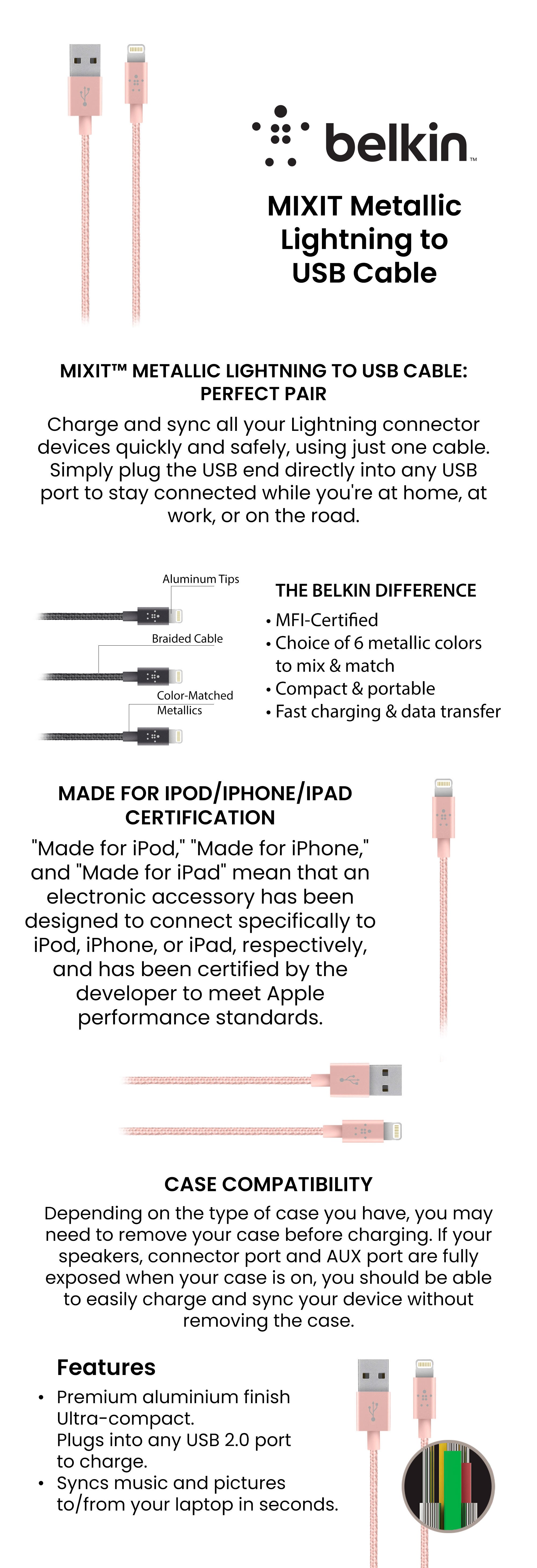Braided iPhone Charging Cable, USB A To Lightning Cable, Boost Charge To USB For iPhone, iPad, AirPods, MFi-Certified Apple Cable, 1.2 M Rose Gold