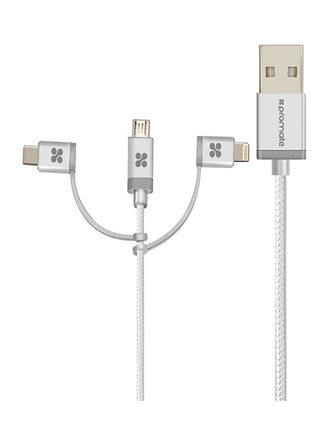 USB-C Type C, Micro USB, Apple MFi Lightning Cable 3 in 1 Triple Head Data and Charge Cable For Apple, Android and Type C Devices, Unilink-Trio Silver