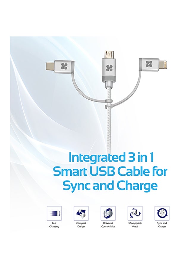 USB-C Type C, Micro USB, Apple MFi Lightning Cable 3 in 1 Triple Head Data and Charge Cable For Apple, Android and Type C Devices, Unilink-Trio Silver