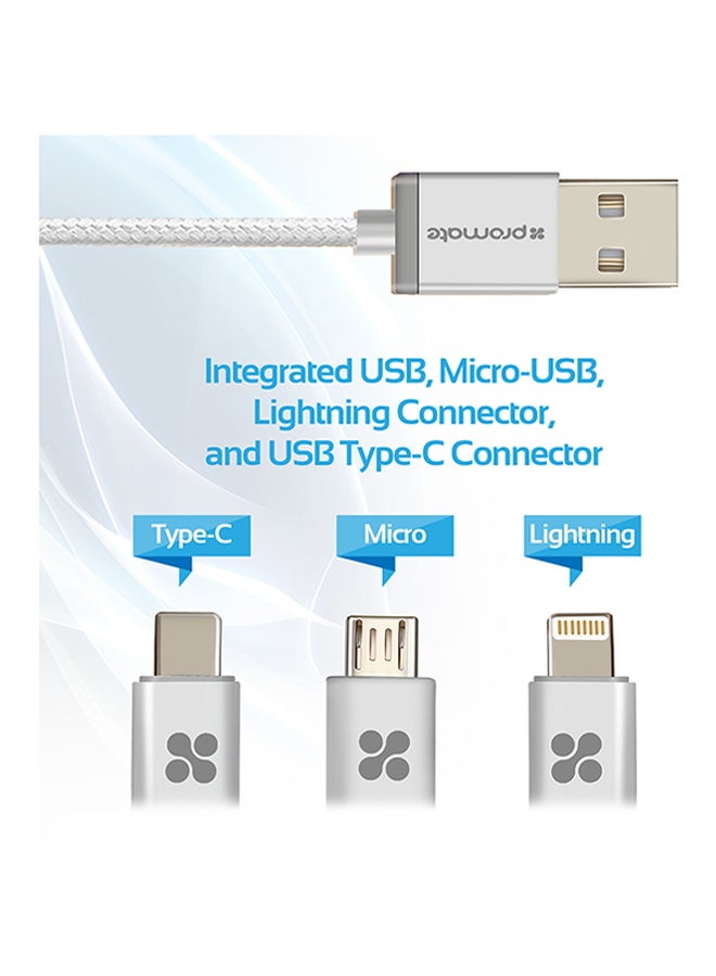 USB-C Type C, Micro USB, Apple MFi Lightning Cable 3 in 1 Triple Head Data and Charge Cable For Apple, Android and Type C Devices, Unilink-Trio Silver