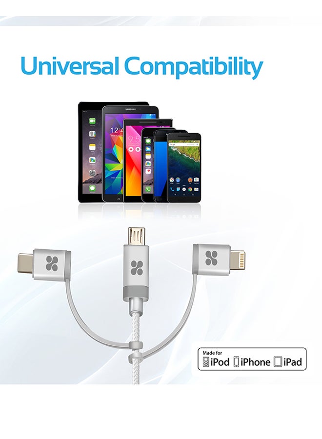 USB-C Type C, Micro USB, Apple MFi Lightning Cable 3 in 1 Triple Head Data and Charge Cable For Apple, Android and Type C Devices, Unilink-Trio Silver