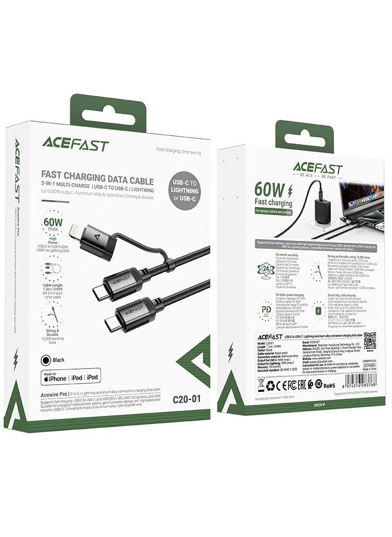 ACEFAST C20-01 USB-C to Lightning / USB-C charging data cable.