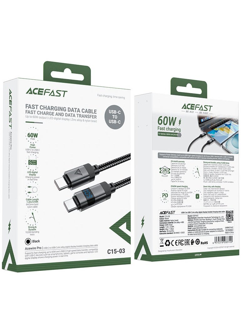 ACEFAST C15-03 60W USB-C to USB-C charging data cable with display.