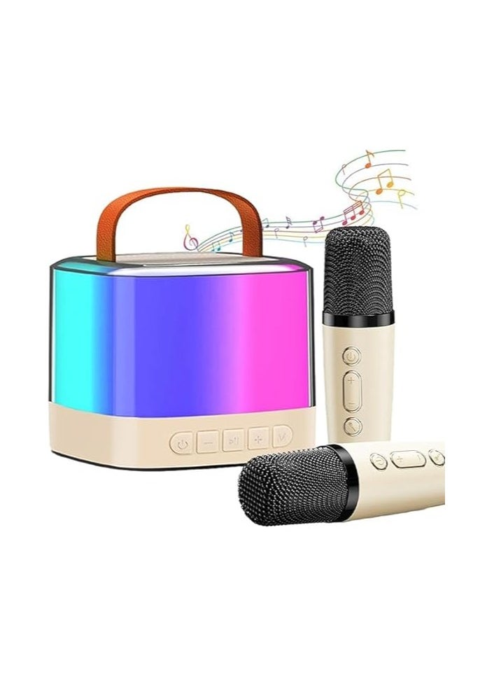 PEETTA Mini Karaoke Machine for Kids and Adults, Portable Bluetooth Karaoke Speaker, Mini Karaoke Machine with 2 Wireless Microphones and Led Lights, Birthday Gifts Toys for Girls Boys Family (Beige)