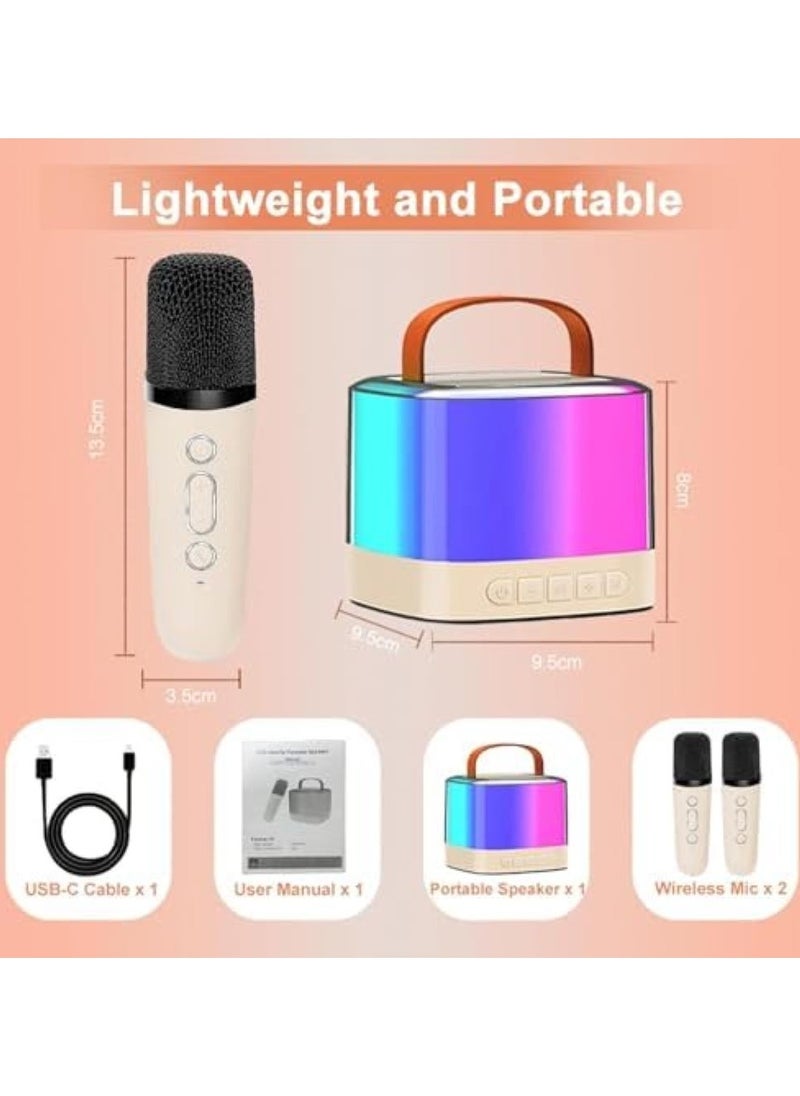 PEETTA Mini Karaoke Machine for Kids and Adults, Portable Bluetooth Karaoke Speaker, Mini Karaoke Machine with 2 Wireless Microphones and Led Lights, Birthday Gifts Toys for Girls Boys Family (Beige)