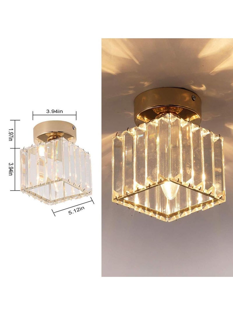 Modern Gold Crystal Ceiling Light, Flush Mount Ceiling Light Fixture, 1 Light Crystal Ceiling Lamp Chandelier Lighting for Hallway, Bedroom, Living Room, Kitchen, Square (Bulb Included)