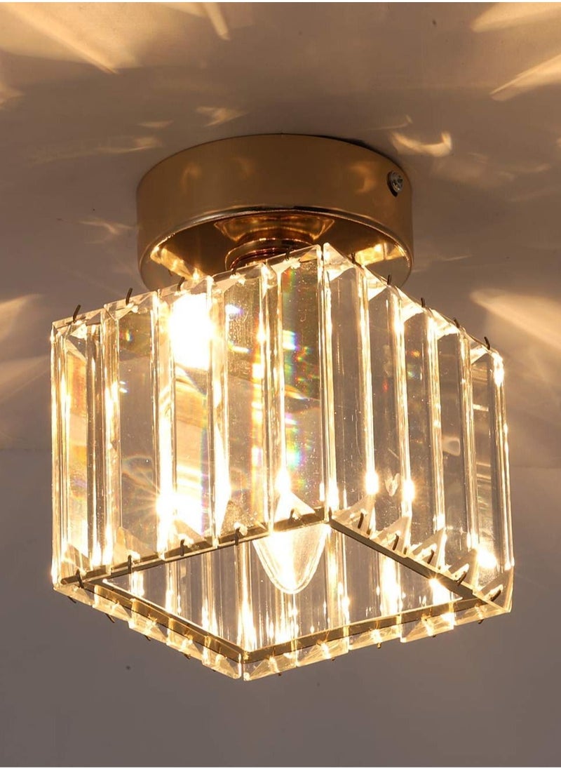 Modern Gold Crystal Ceiling Light, Flush Mount Ceiling Light Fixture, 1 Light Crystal Ceiling Lamp Chandelier Lighting for Hallway, Bedroom, Living Room, Kitchen, Square (Bulb Included)