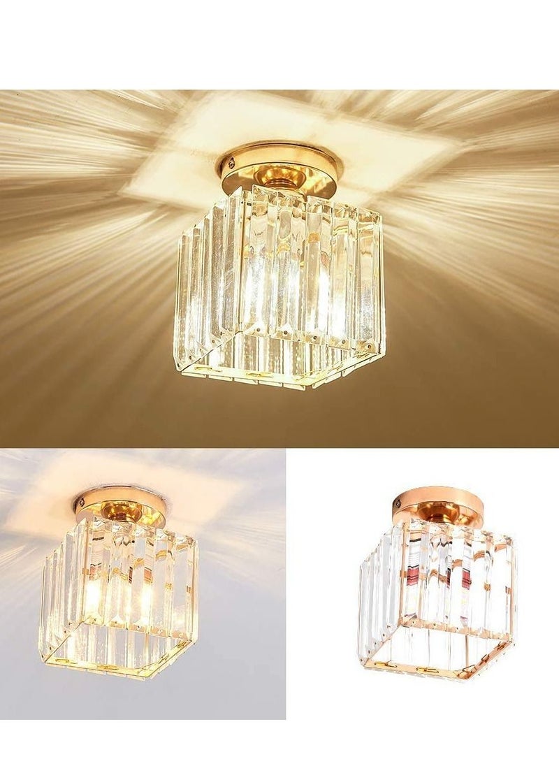 Modern Gold Crystal Ceiling Light, Flush Mount Ceiling Light Fixture, 1 Light Crystal Ceiling Lamp Chandelier Lighting for Hallway, Bedroom, Living Room, Kitchen, Square (Bulb Included)