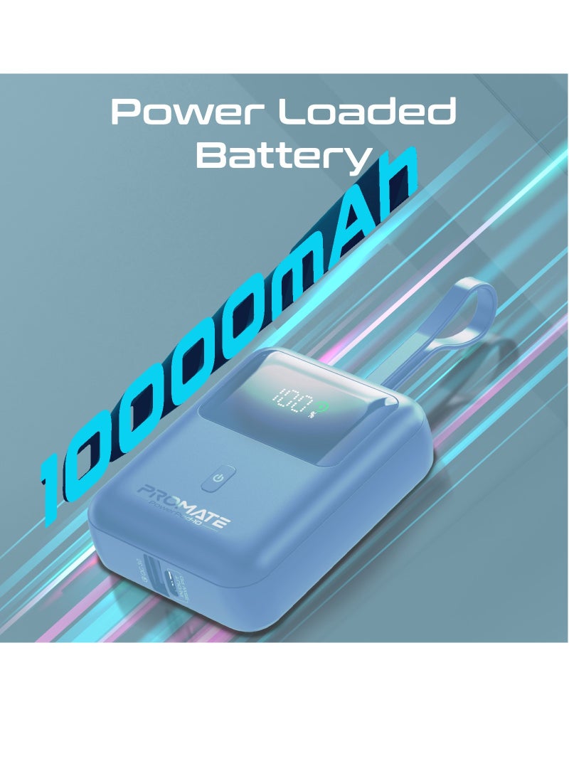 Power Bank with Built-In USB-C Cable, 10000mAh Compact Fast Charging Power Bank, 35W USB-C Power Delivery and 18W USB-A Qualcomm QC 3.0 Port, PowerPod-10 Blue